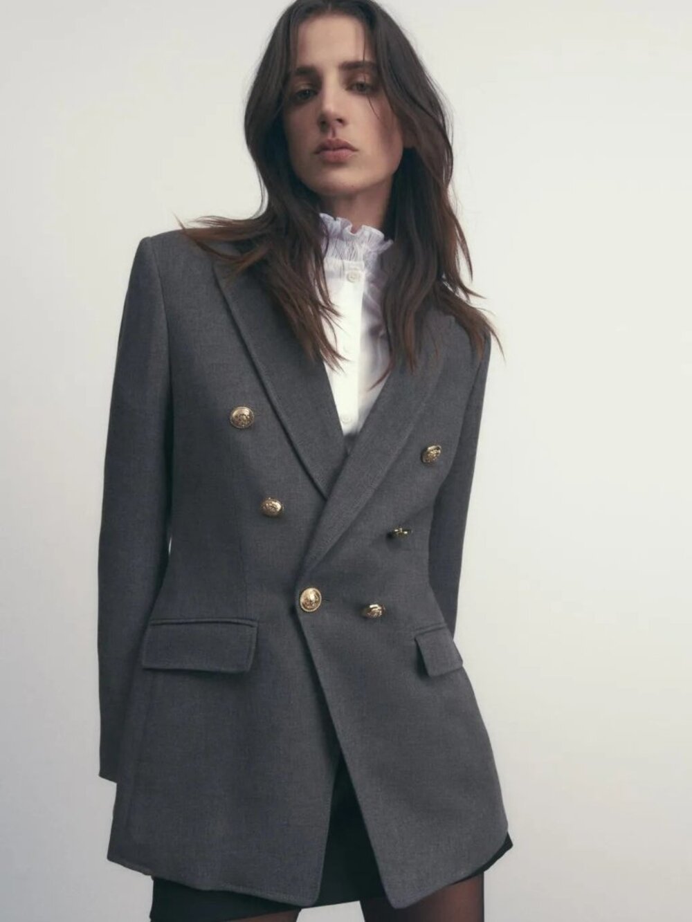 Zara Gray Double Breasted Blazer with Gold-Tone Button Accent